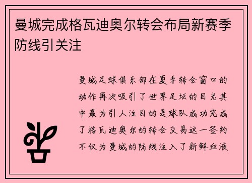 曼城完成格瓦迪奥尔转会布局新赛季防线引关注